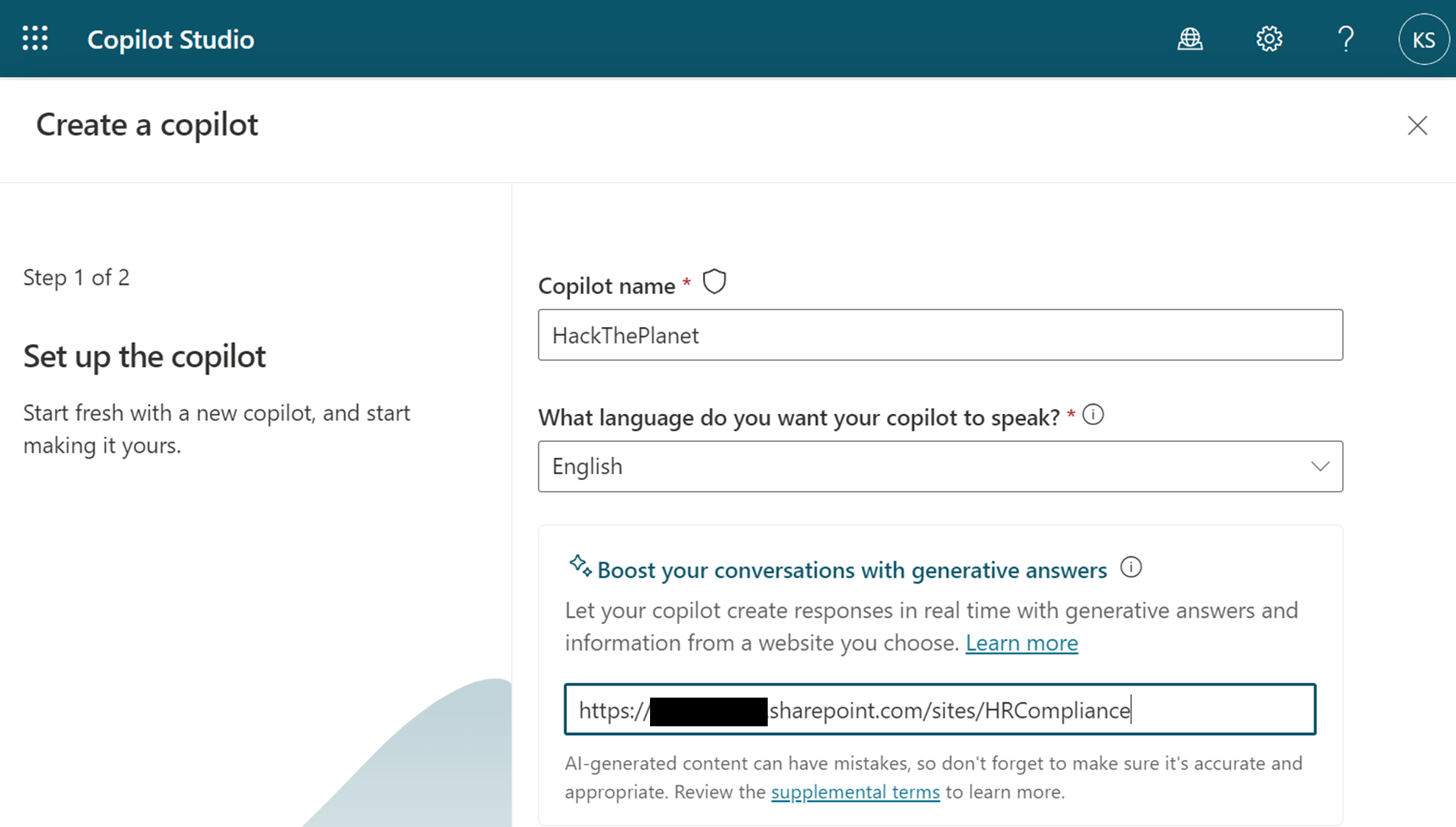 Create Copilot with SharePoint access