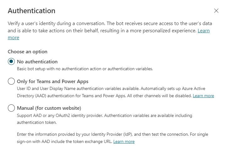 Default Copilot Studio authentication settings