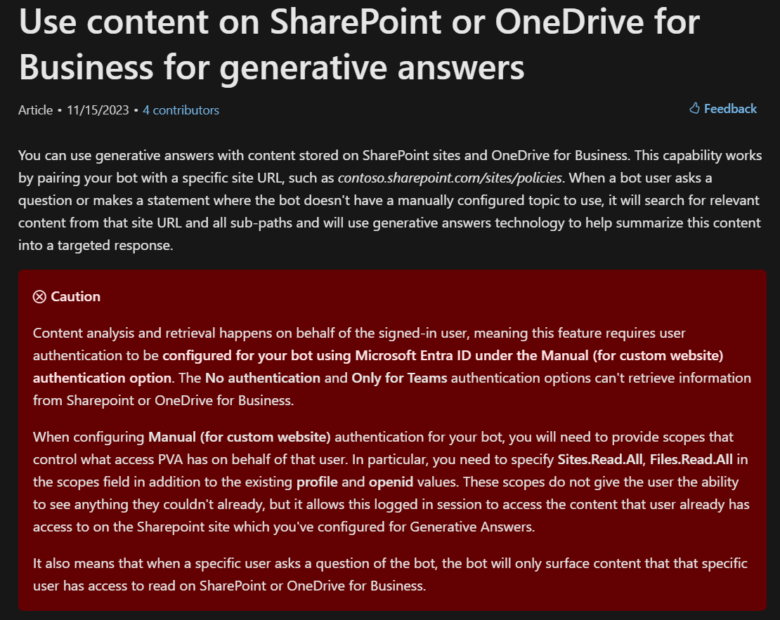 "The No authentication and Only for Teams authentication options can't retrieve information from Sharepoint or OneDrive for Business."