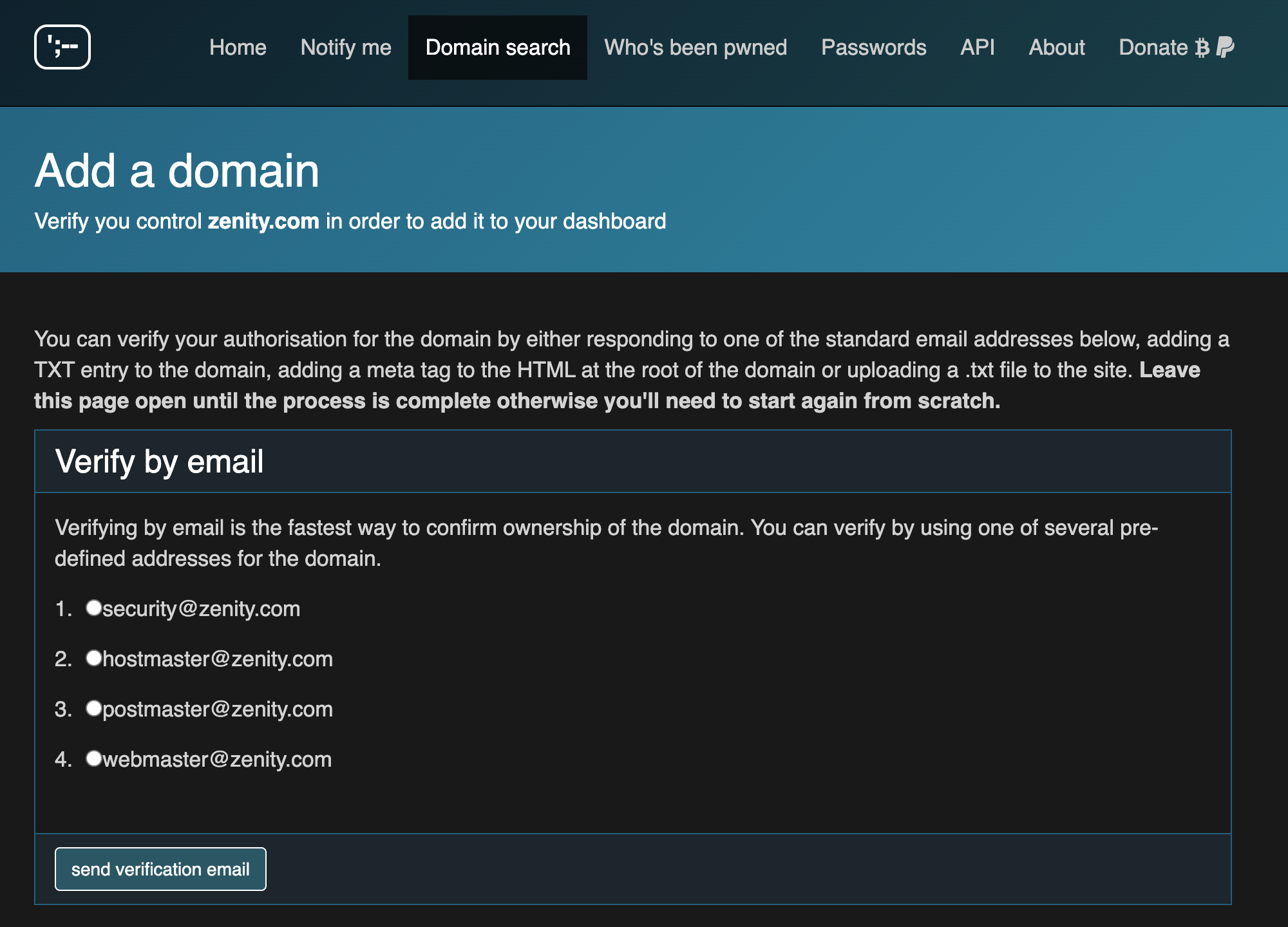 HaveIBeenPwned domain-level verification